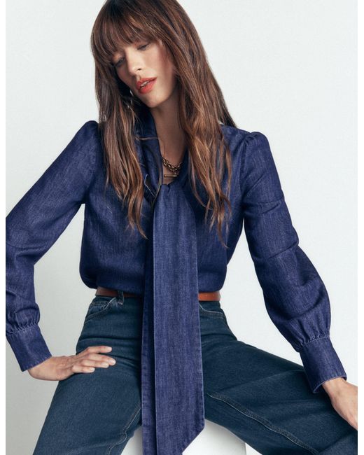 Boden Blue Clara Tie Neck Denim Top