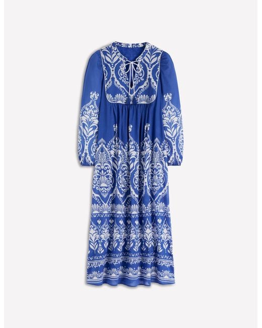 Boden Blue Boho Tie Neck Kaftan Dress
