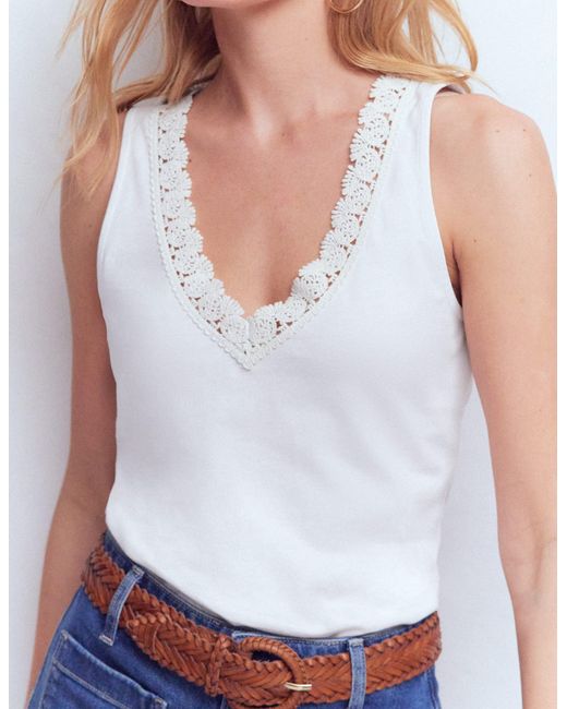 Boden White Flora Lace Trim Supersoft Tank Top