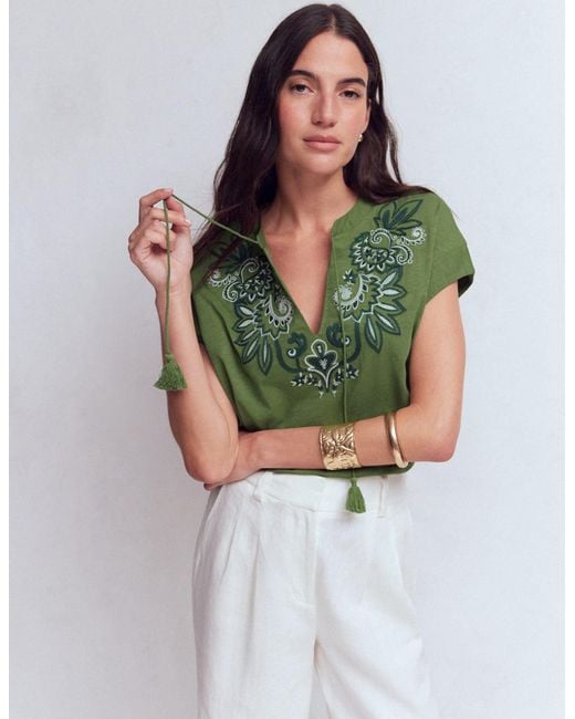 Boden Green Nina Embroidered Notch T-Shirt