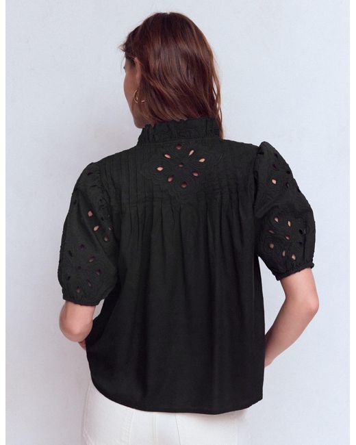 Boden Black Cutwork Puff Sleeve Top