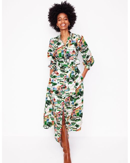 Boden White Clara Cotton Shirt Dress-Multi, Painted Village