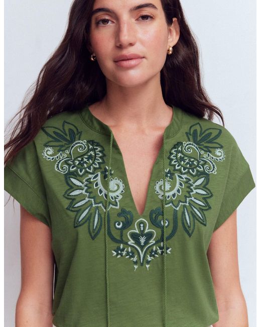 Boden Green Nina Embroidered Notch T-Shirt