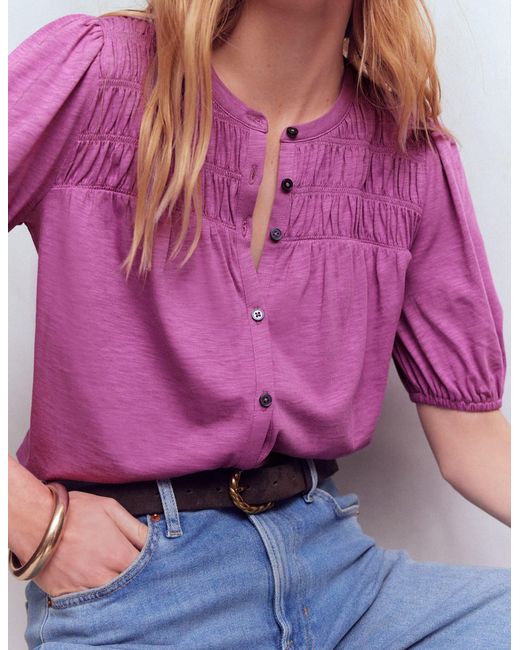 Boden Pink Mya Short Sleeve Smocked Shirt
