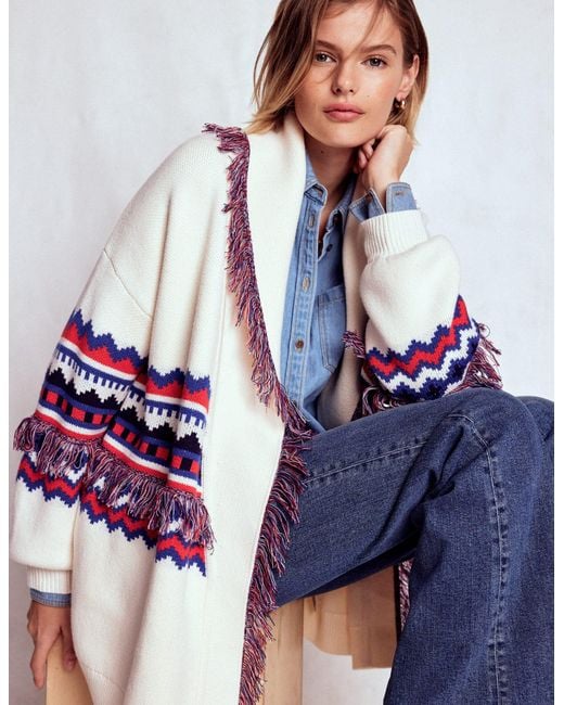 Boden Blue Fringed Jacquard Cardigan