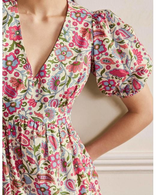 mid pink textured shirred frill puff sleeve midi dress