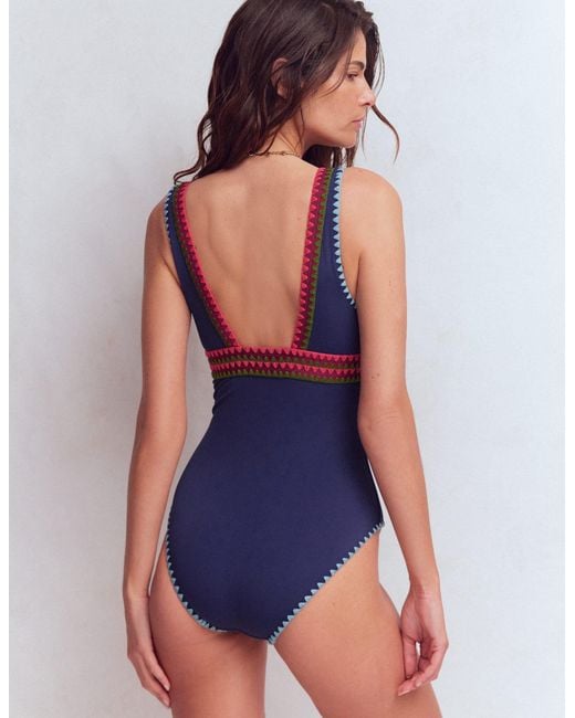 Boden Blue Porto V-neck Swimsuit Mandarin Red, Botanical Sprig
