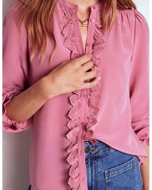 Boden Red Alice Frill Front Silk Top