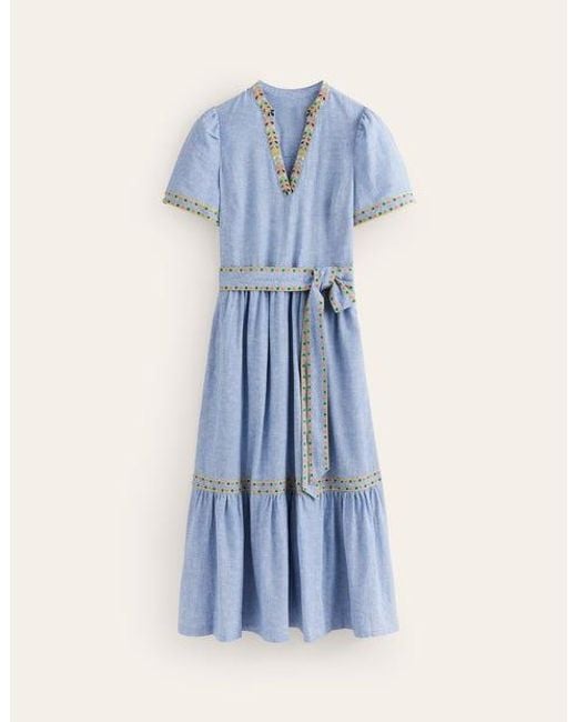 Boden Blue Embroidered Linen Blend Dress