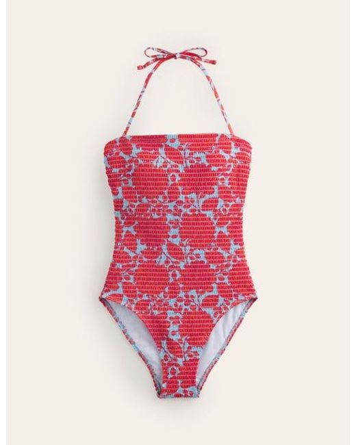 Boden Pink Milos Smocked Bandeau Swimsuit Fire Cracker, Gardenia Swirl