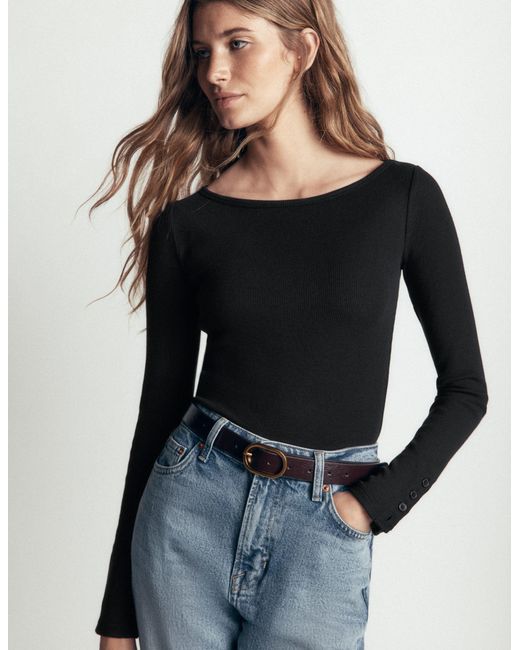 Boden Black Button Cuff Ribbed Boatneck
