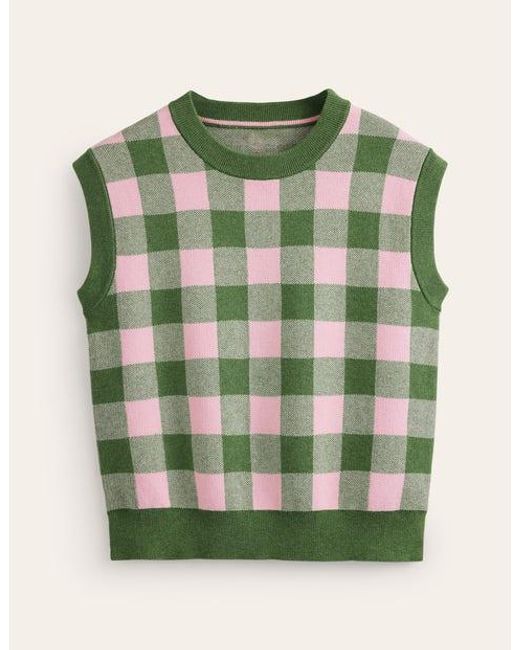 Boden Gingham Vest Green Tambourine, Orchid Pink