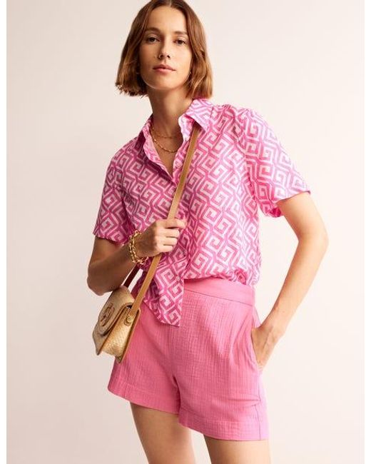 Boden Hazel Short Sleeve Linen Shirt Pink Power, Maze