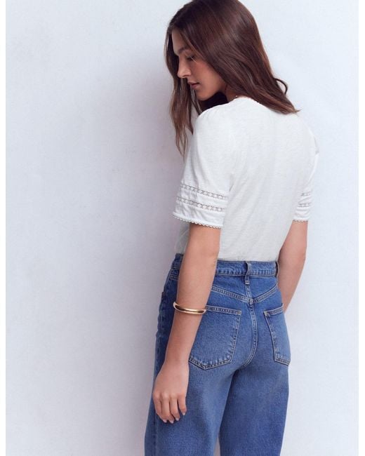 Boden White Poppy Trim V Neck T-Shirt
