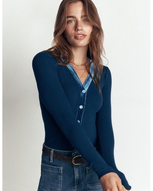 Boden Blue Velvet Trimmed V-Neck Top