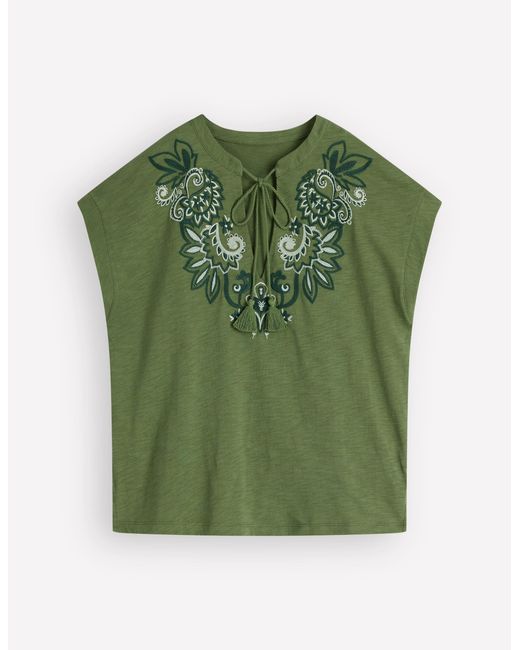 Boden Green Nina Embroidered Notch T-Shirt