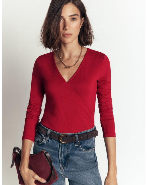 Boden Red Ruched Long Sleeve Wrap Top