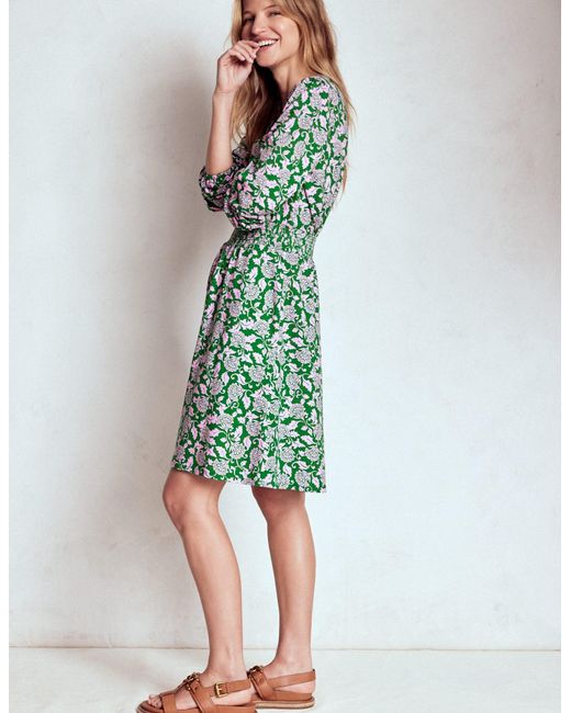 Boden Green Sarah Short Jersey Dress Emerald Night, Garden Blossom