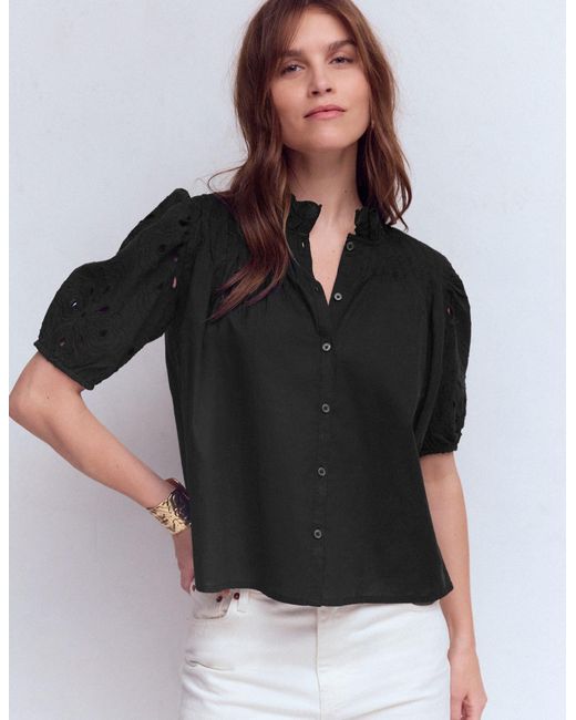 Boden Black Cutwork Puff Sleeve Top