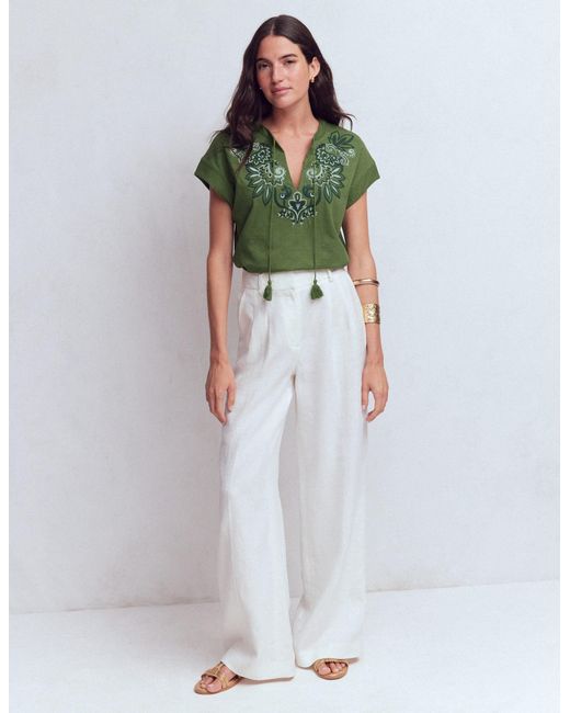 Boden Green Nina Embroidered Notch T-Shirt