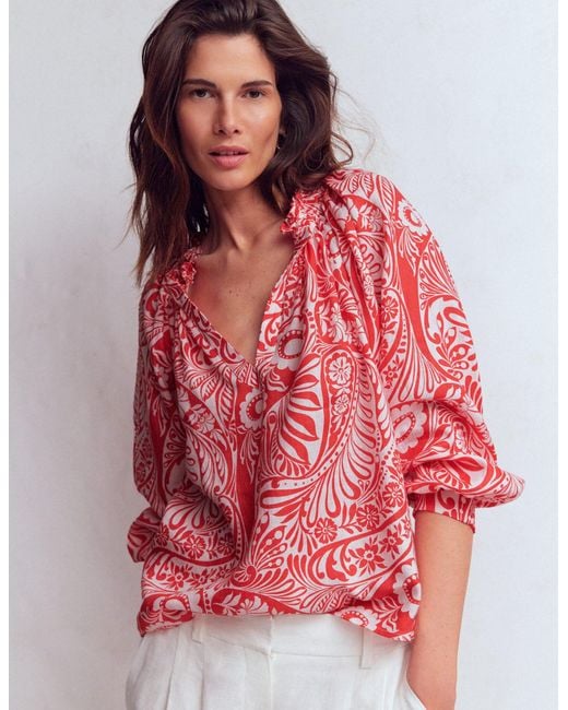 Boden Red Serena Pleat Neck Linen Top