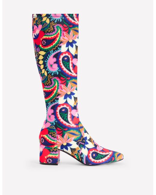 Boden White Heeled Stretch Knee Boots-Multi, Botanical Paisley