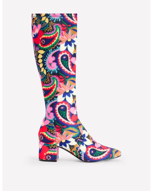 Boden White Stretch Knee Heel Boots-Multi, Botanical Paisley