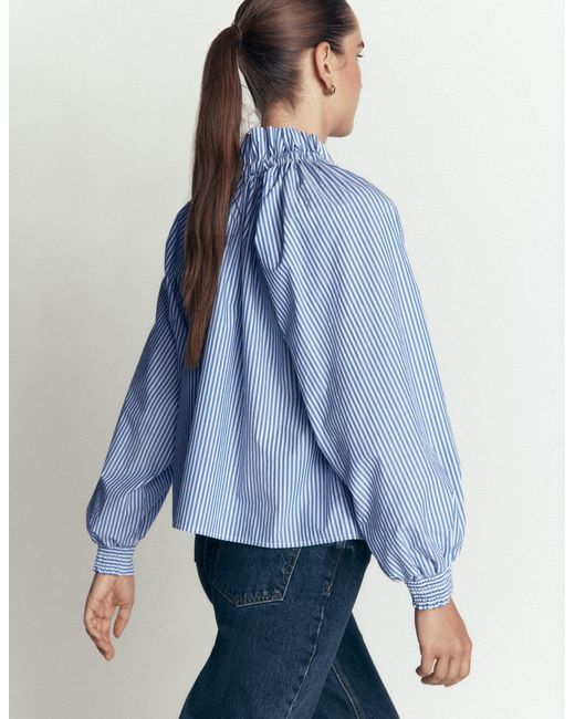 Boden Blue Bow Neck Ruffled Top
