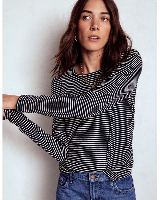 Boden Blue Cotton Crew Long Sleeve Top, Ivory Stripe