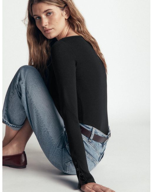 Boden Black Button Cuff Ribbed Boatneck