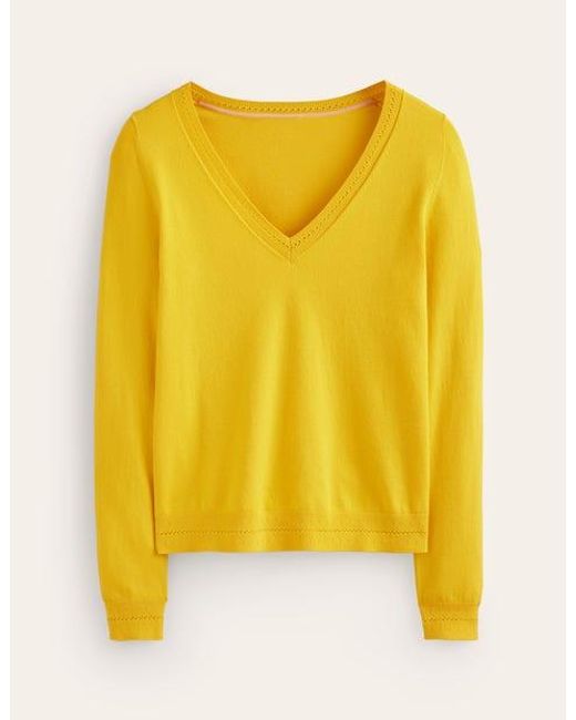 Boden Yellow Catriona Cotton V-Neck Jumper