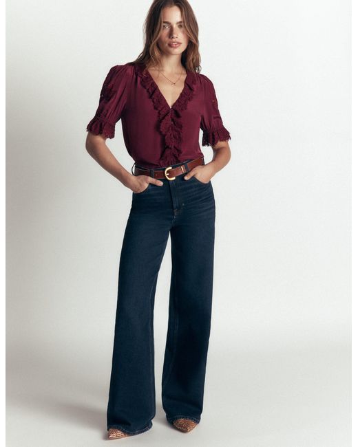 Boden Purple Ruffle V-Neck Lace Top