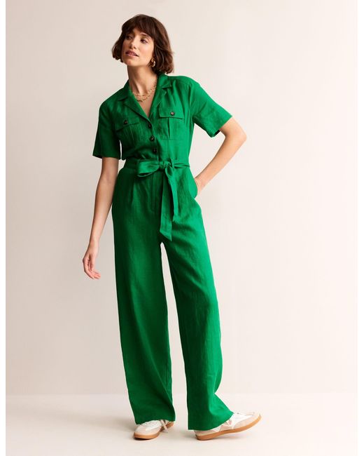 Boden Green Belted Linen Jumpsuit