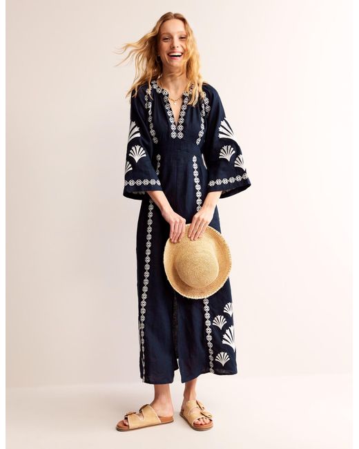 Boden Una Linen Embroidered Dressnavy in Blue | Lyst