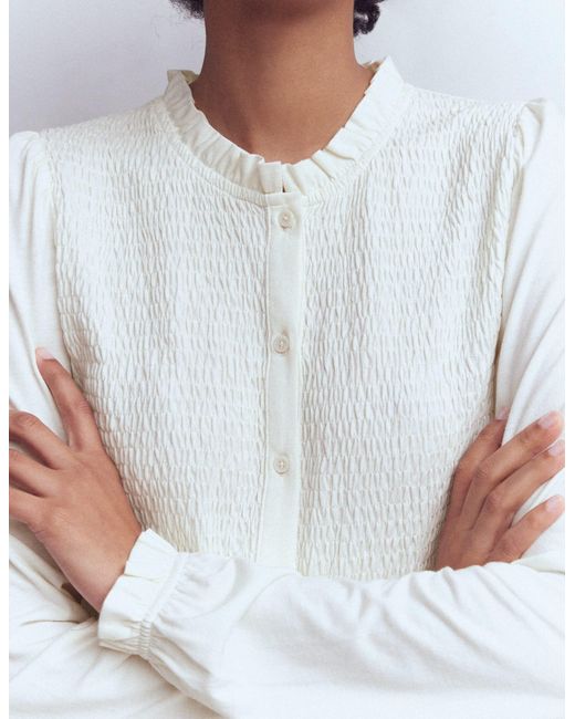Boden White Supersoft Smocked Button Top