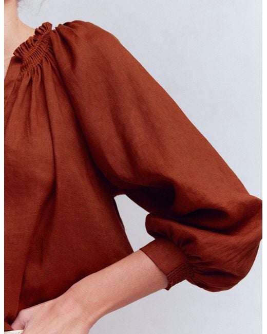 Boden Red Serena Pleat Neck Linen Top