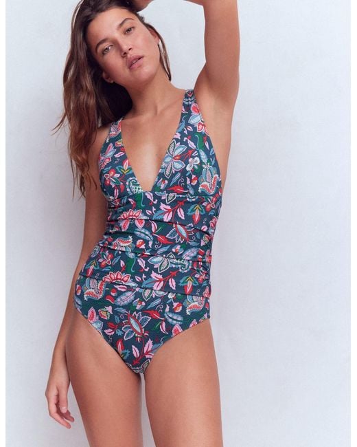 Boden Blue Mykonos Deep V Swimsuit- Structured Meadow