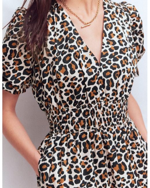 Boden Multicolor Irene Puff Sleeve Dress-Almond Milk, Cheetah Pop