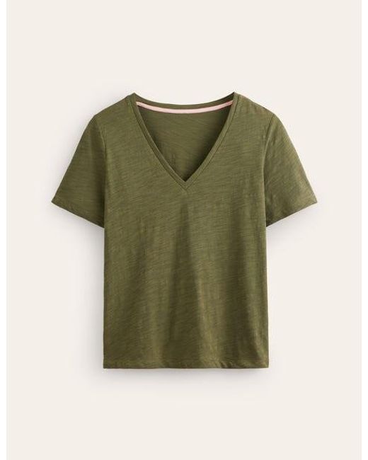 Boden Green Flammgarn-T-Shirt Mit V-Ausschnitt Und Normaler Passform Damen