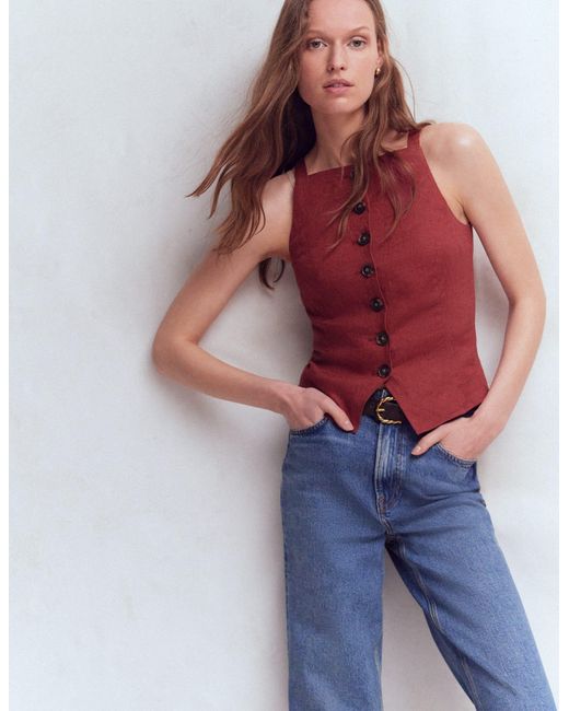 Boden Red Square Neck Linen Waistcoat
