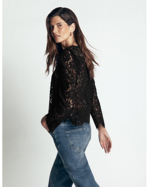 Boden Black Lace Puff Sleeve Top