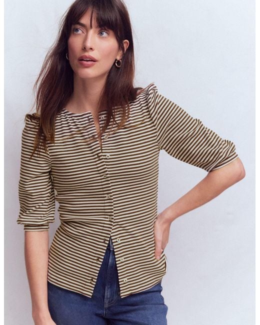 Boden Brown Evie Ribbed Puff Sleeve Top-Potting Soil, Ivory Stripe