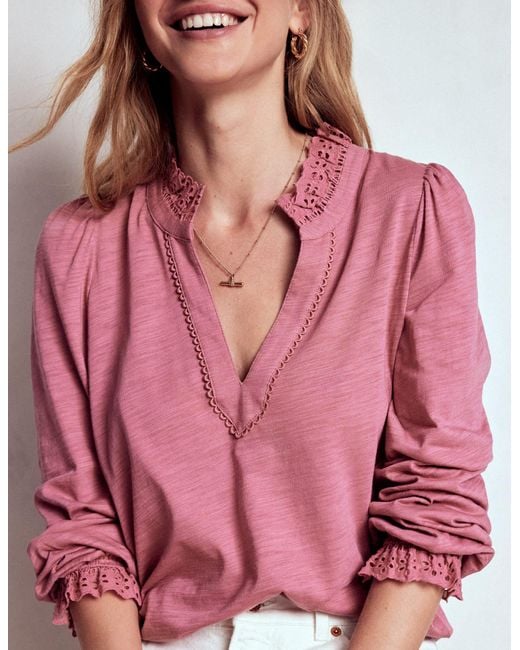 Boden Pink Aria Broderie Notch Neck Top