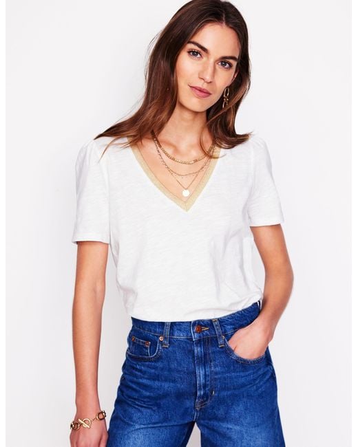 Boden White Metallic Trim V Neck T-Shirt