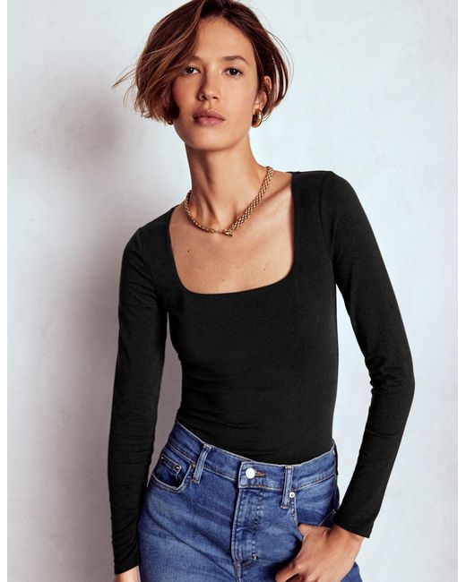Boden Black Double Layer Square Neck Top