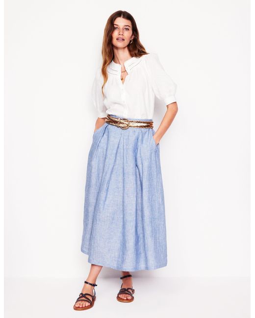 Boden Blue Verity Linen Midi Skirt