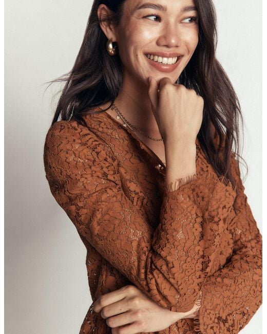 Boden Brown Lace Puff Sleeve Top