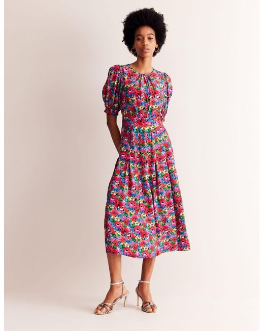 Boden White Liv Pleat Detail Midi Dressmulti, Wildflower Cluster