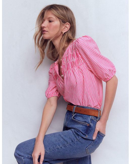 Boden Pink Mya Short Sleeve Smocked Shirt