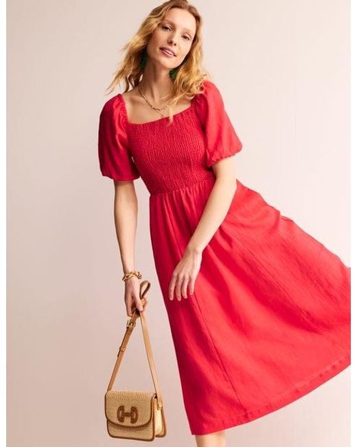 Boden Red Sky Smocked Linen Midi Dress